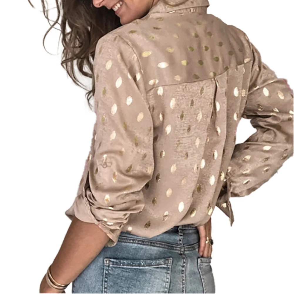 Women Polka Dot Print Blouse Long Sleeve Lapel Neck Button Up Shirt Loose Fit Tops for Spring Fall