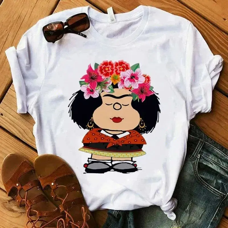 Camisetas con estampado de Mafalda, estilo Harajuku de dibujos animados, Camiseta básica de verano de alta calidad, camiseta de manga corta con cuello, ropa deportiva informal a la moda