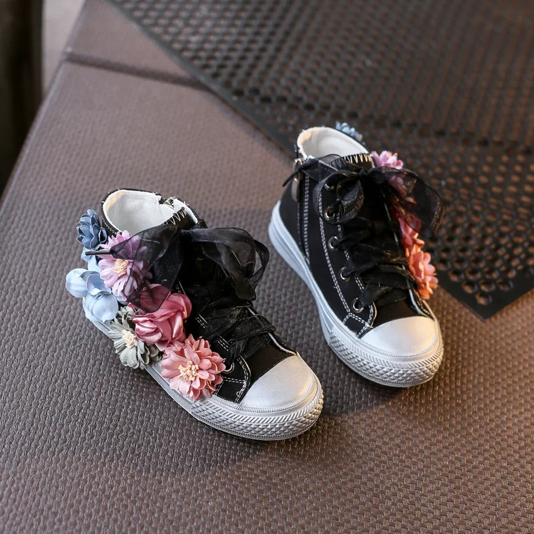 High Top Flower Girls Canvas Shoes Beading Kids Shoes Autumn Children\'s Shoes Korean Casual Sneakers Sider Zipper