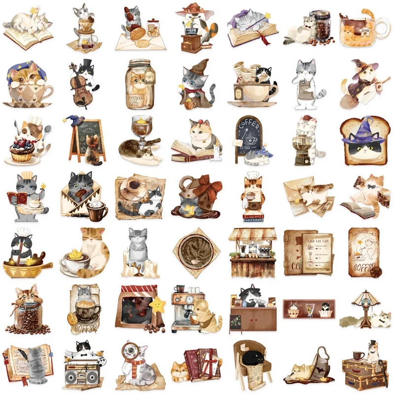50PCS Kawaii Magic Cat PET Sticker Aesthetic Transparent Decoration Scrapbooking Stationery Hand Accounting Supplies