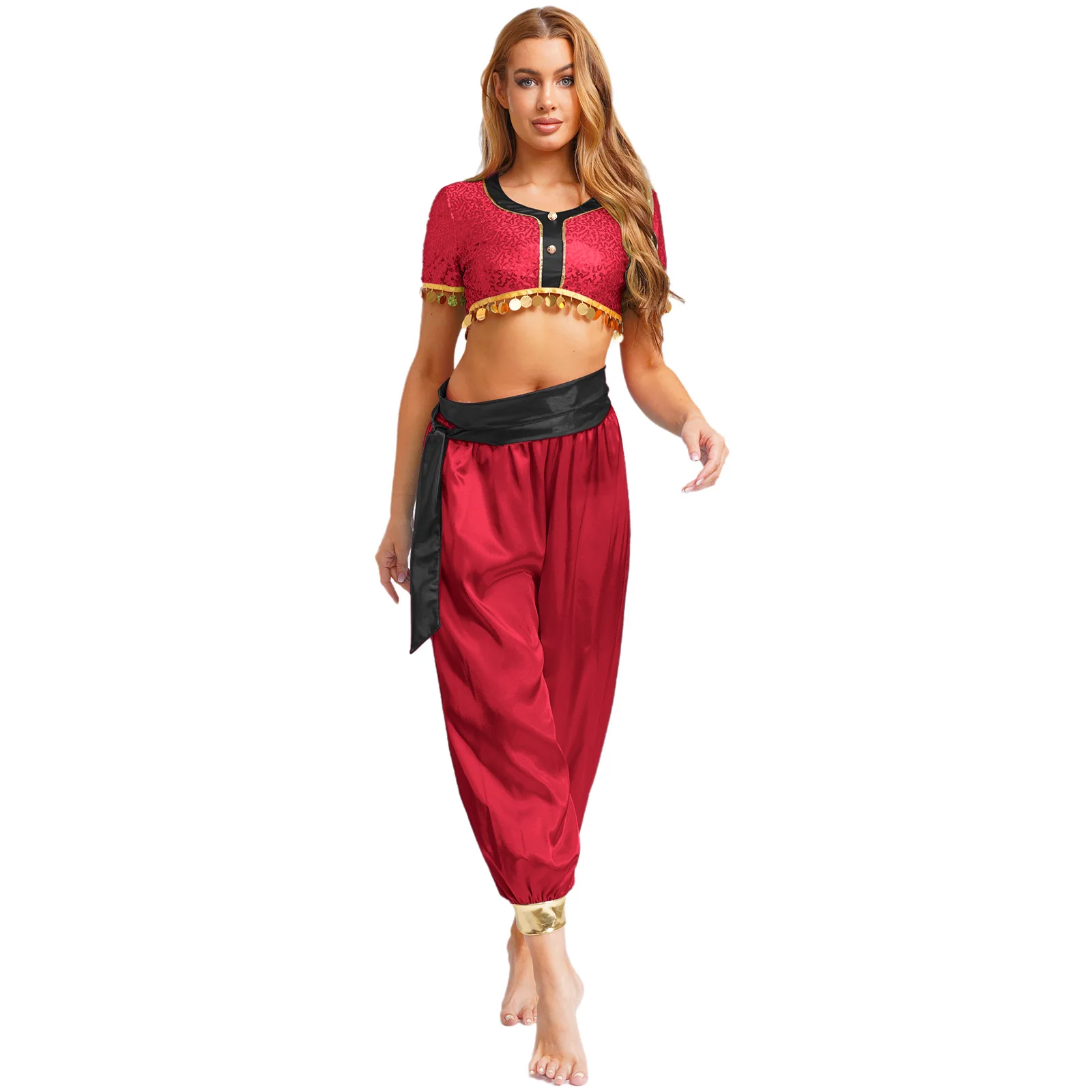 Women Belly Dance Costume Outfits Sequins Crop Top with Harem Pants Arabian Princess Cosplay Halloween Festival Theme Party Suit