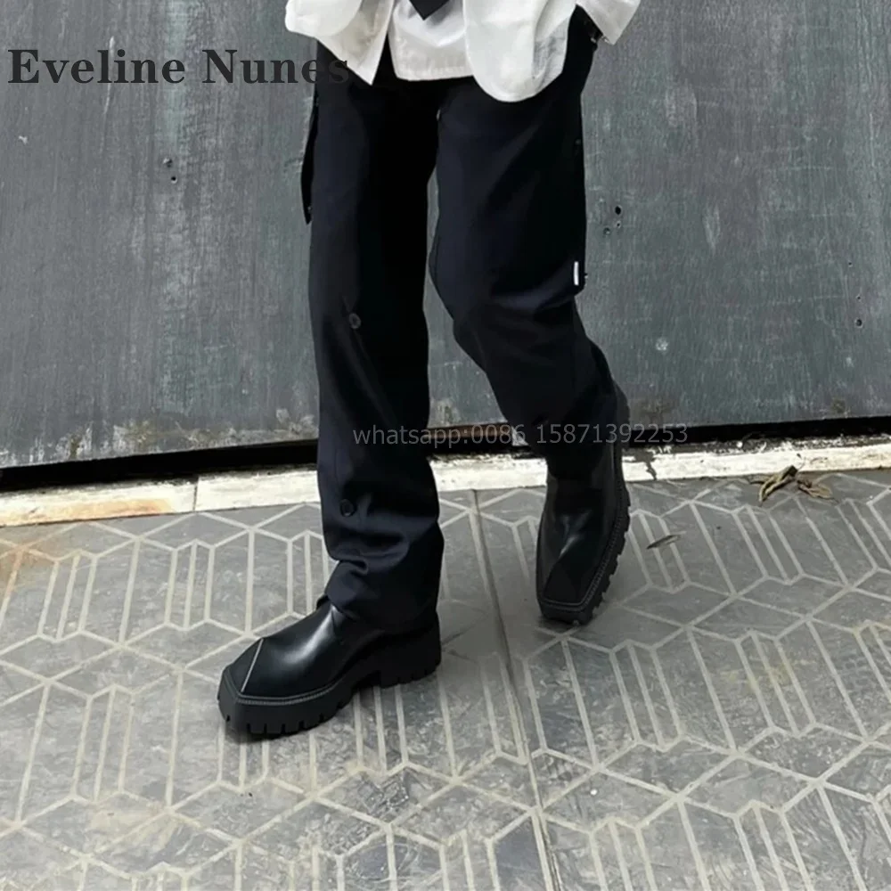 Rhinoceros Horn Shape Black Pumps Large Size Office Casual Shoes 2024 Square Toe Height Increasing Lace Up Solid Leather Shoes