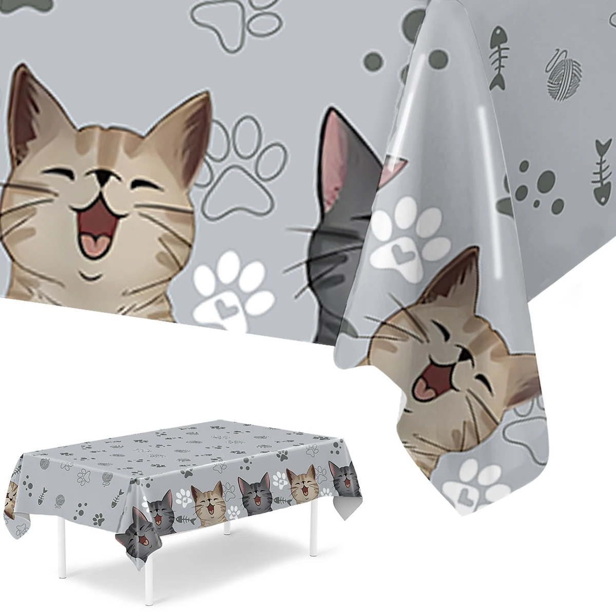 

220x130cm Cute Cat Print PE Tablecloth with Embossed Cats Paw Prints Design Disposable Tablecloth for Pet Cat Theme Party Decor