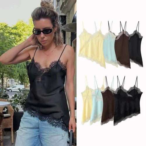 Imagen 1 del producto Camisola corta de retazos de encaje para mujer, Tops sexys con espalda descubierta, Top sin mangas con tirantes para mujer, Top de playa para mujer