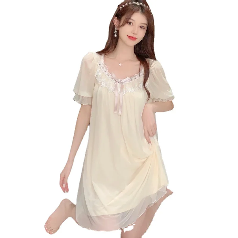 Vintage Sexy Mesh Night Dress Women Lace Cute Short Sleeve Nightgown Loose Round Neck Sleepwear Sweet Fairy Princess Nightwear