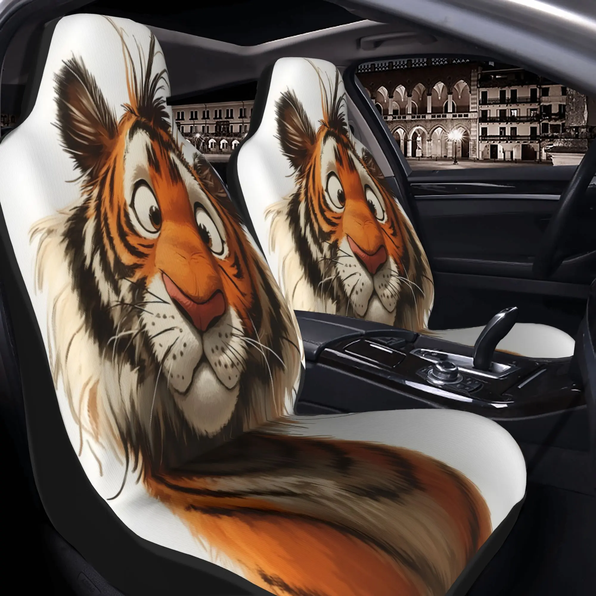 2pcs Cute Curious Tiger With Big Eyes And Playful Expression On White BackgroundCar Seat Covers, Suitable For All Vehicles, Chri
