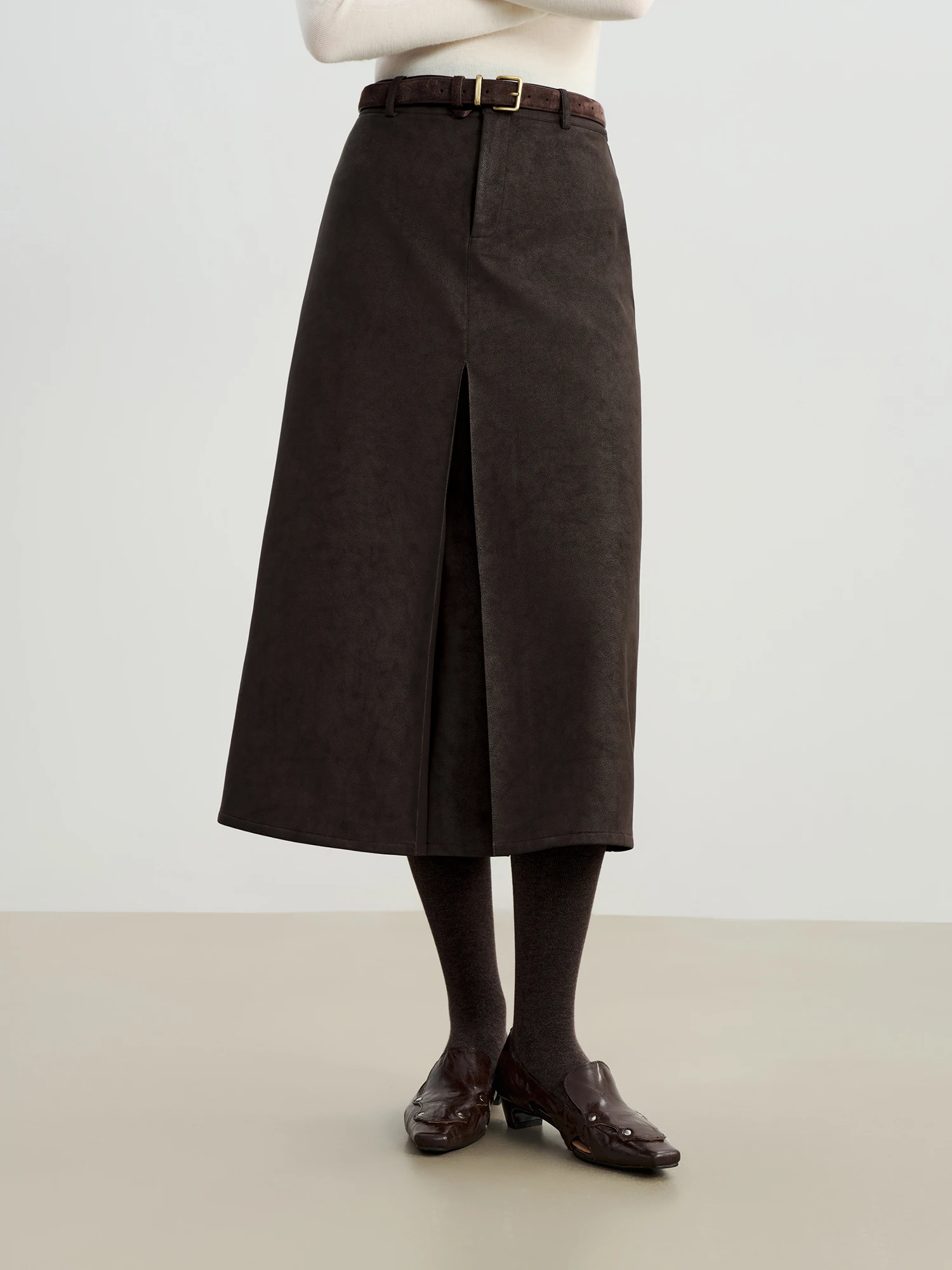 Retro Brown PU Leather High Waist Midi Skirt for Women