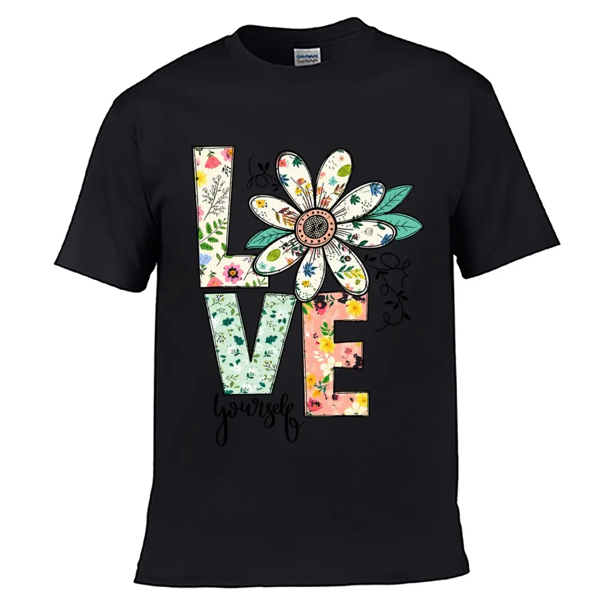 Love Yourself Floral Flower Lettering Design Loose T-shirt Casual Tee
