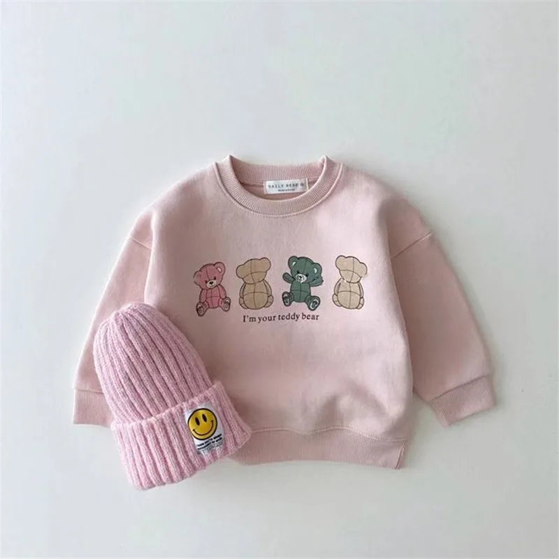 2024 New Baby Hoodies Cute Bear Print Infant Boys Cartoon Tops Autumn Kids Long Sleeve Sweatshirt Cotton Girls Clothes