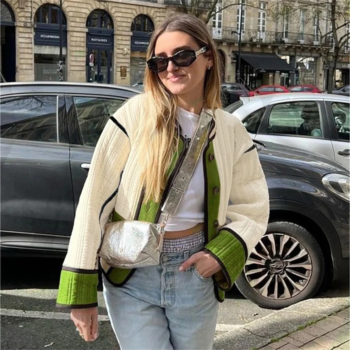 Autumn Winter Quilted Coat For Women Loose Long Sleeves Single Breasted Jacket Lady Fashion Contrast Color Coats Street Outwear