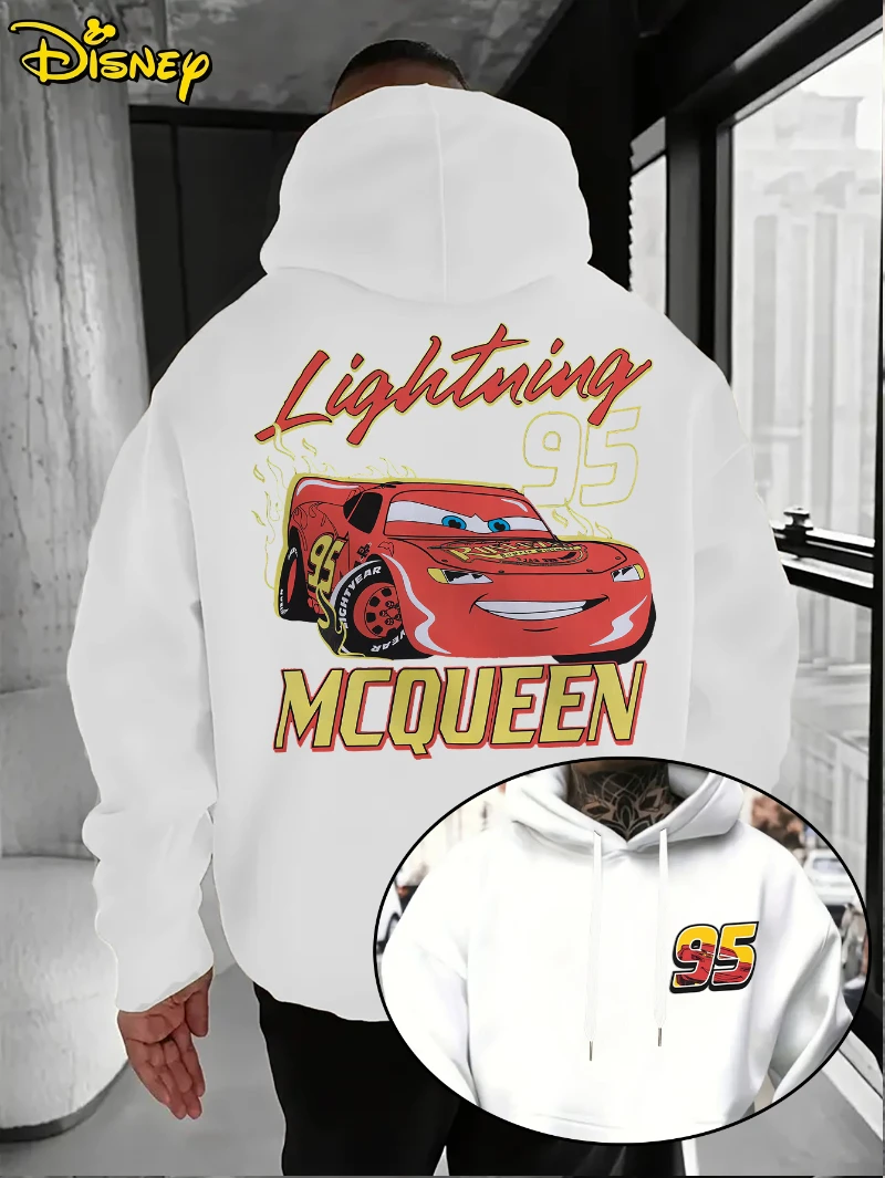 

2025 Disney Cars Lightning McQueen Hoodie - Men's Blue Racing Pattern Pullover Loose Casual Disney Pixar Car Fans Birthday Gift
