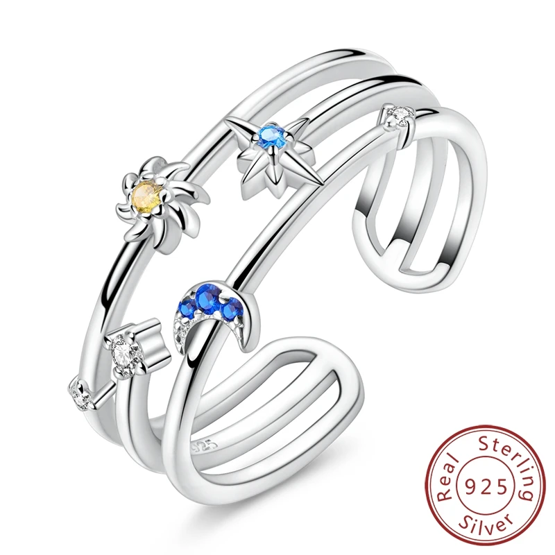 

Нежное трехслойное открытое кольцо из 100% стерлингового серебра 925 пробы с солнцем, луной и звездами для женщин, ювелирные изделия для вечеринок