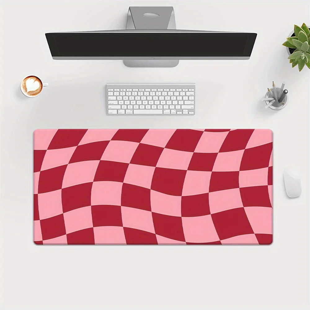 Wavy Checkered Pink and Red XXL Extended Mouse Pad Non Slip Rubber Gaming Keyboard Mat Office Desk Protector