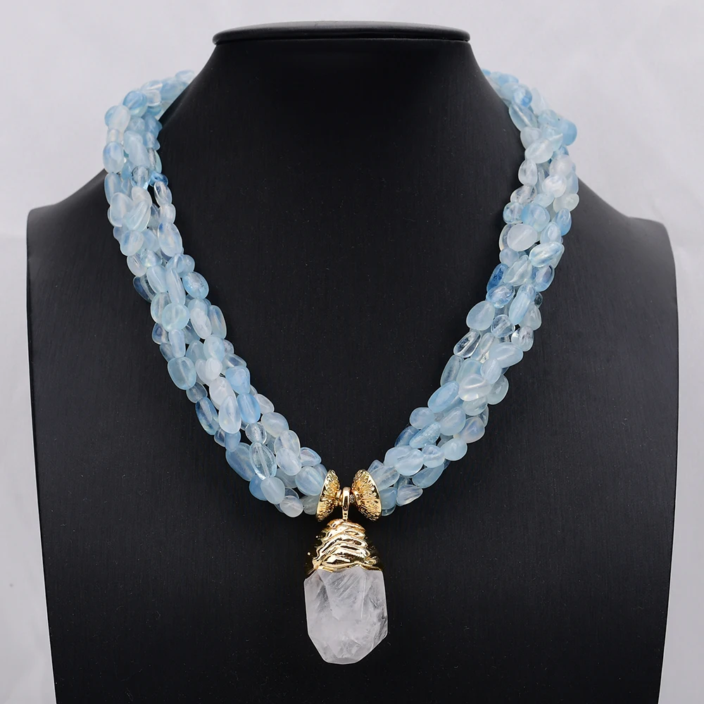 G-G 5 Rows Natural Blue Aquamarine Gems Stone Necklace Gold Plated Clear Rock Quartz Pendant 18'' For Lady