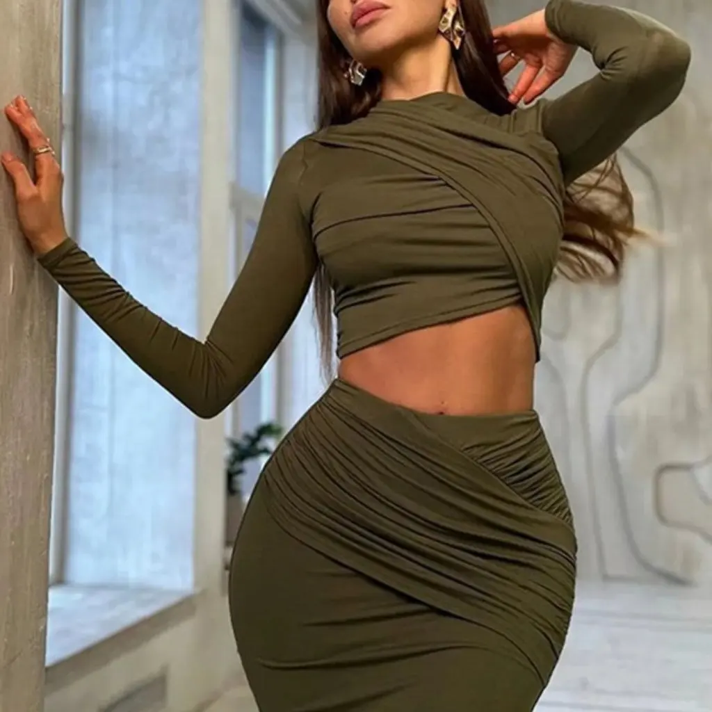 

Женский однотонный топ с круглым вырезом в европейском и американском стиле, нерегулярный топ с длинными рукавами и повседневная юбка, модный комплект из двух предметов