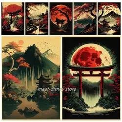Red Moon Japanese Architecture Poster Harajuku Kraft Paper Posters Home Decoration Coffee Aesthetic Chambre Wall Dormitory