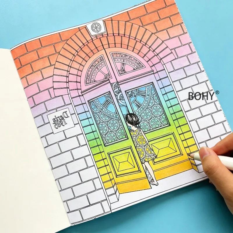 1 Adult Healing City Scenery Flower Girl Illustration Decompression Coloring Album, 24 Pages Adult Anxiety Relief Coloring Book