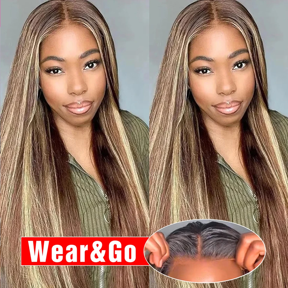 Straight Highlight Glueless Wigs Human Hair Ready To Wear And Go Preplucked For Women Ombre Color 13x6 HD Lace Frontal Wig 100%