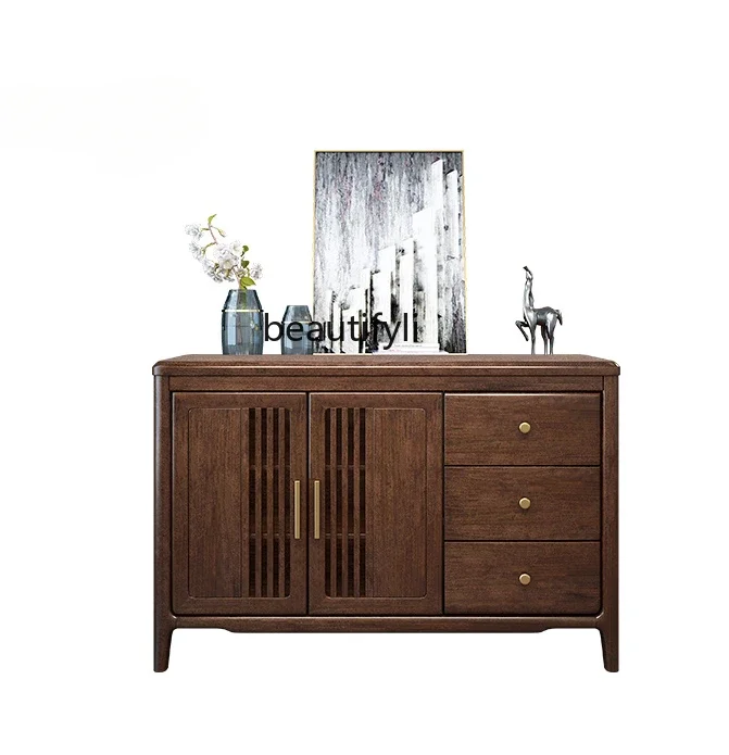 

V New Chinese Style Solid Wood Sideboard Nordic Walnut Storage Cabinet Light Luxury Double Door Three Drawers Tea Cabinet