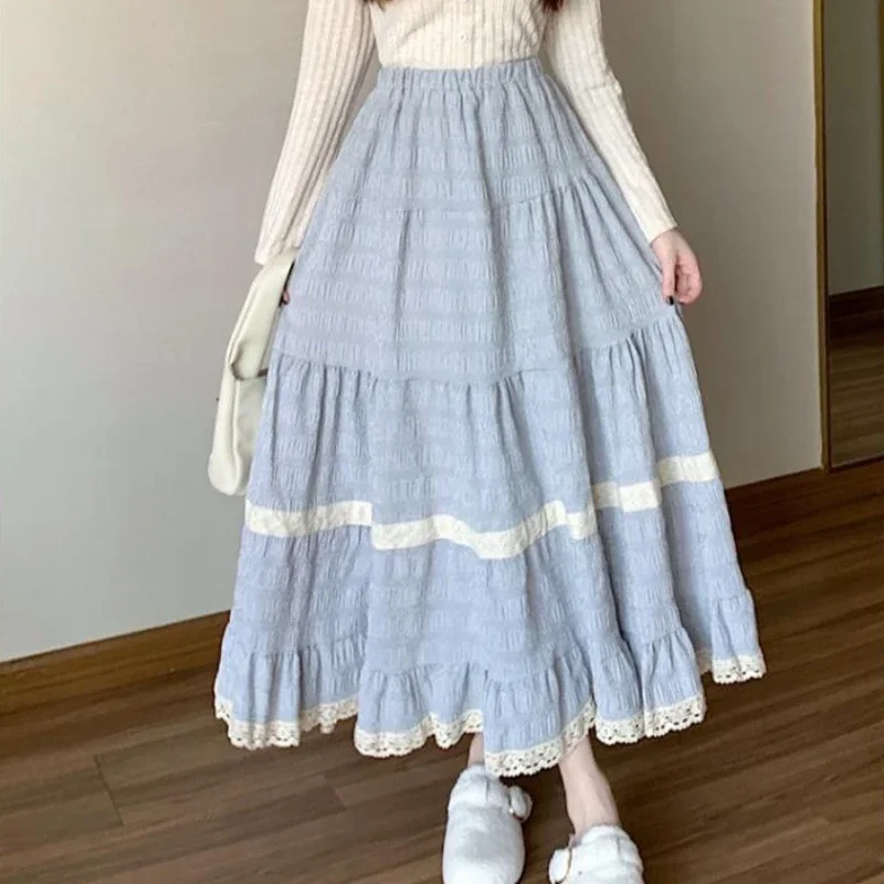 

French Elegance Summer Blue Plaid Lace Splicing Sweet Cute Skirts Vintage Mori Girl Y2k High Waist A-line Long Skirt for Women