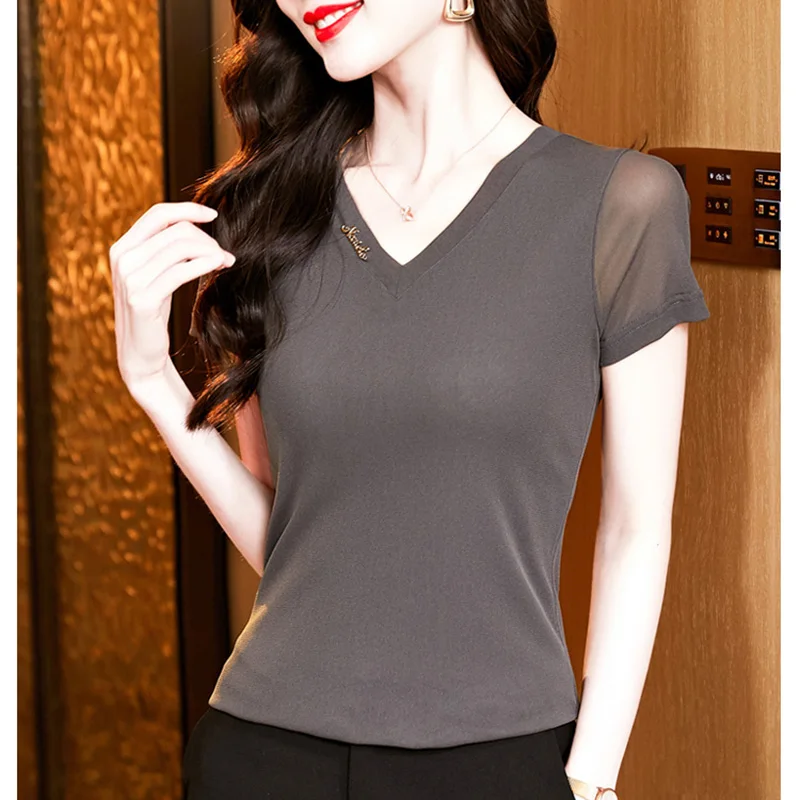 New 2025 Summer Short Sleeved V-Neck Solid Color Women's T-Shirt Fashion Casual Simple High Stretch Mesh Tank Tops