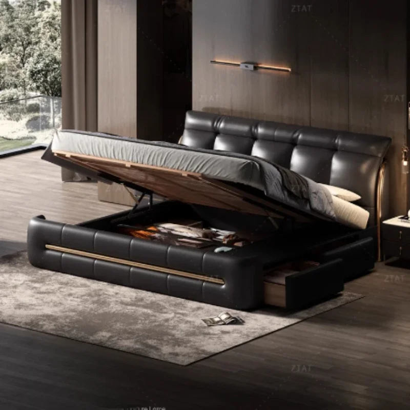 Réplica de Cama Doble King Size/Queen Size, Cabecera Suspendida de Cuero, con Almacenamiento, Ergonómica, Muebles para Sala de Estar