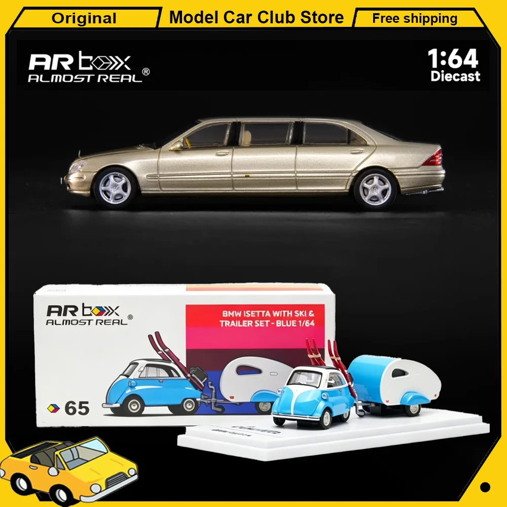 Новый почти реалистичный AR Box в масштабе 1:464: Mercedes Benz S-Class Pullman W220 2002, BMW Isetta с прицепом для лыж, набор синих игрушечных автомобилей из сплава.