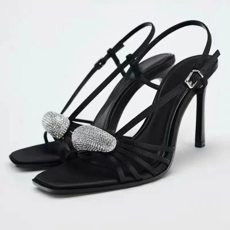 

TRAF Women Luxurious Rhinestone Heels Sandals Square Head Peep Toe Slingback High Heels 2024 Summer Elegant Party Prom Heel Shoe