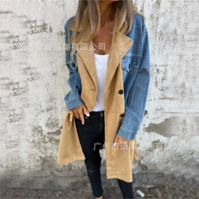 

Fashion Commuting Women's Jacket Coat 2025 Spring Autumn Spliced ​​Denim Lapel Single Breasted Autumn Office Lady Outerwear