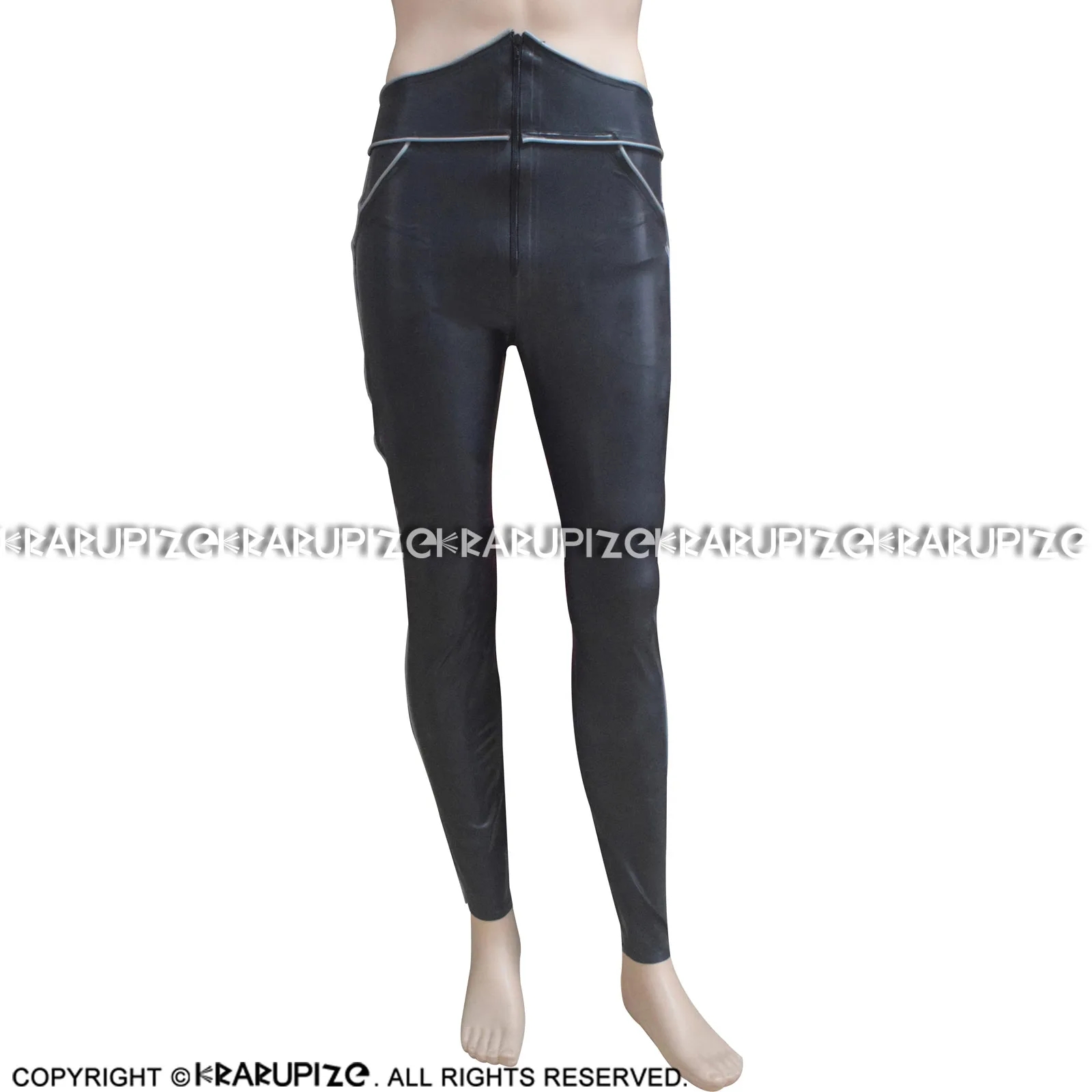 Black And Silver Rolled Trims Sexy Latex Leggings With Zipper Front Pockets Rubber Pants Jeans Trousers Bottoms CK-0101