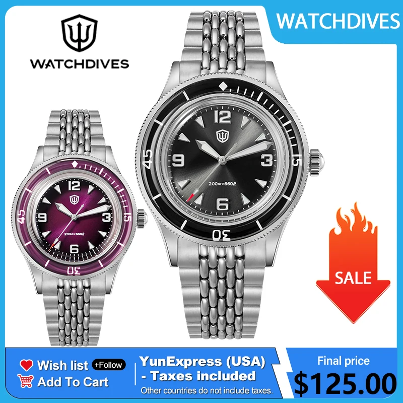 Watchdives 38mm Dive Watch for Men VH31 Sweep Seconds Quartz Movement Bubble Sapphire Waterproof 300m Luminous Watches WD50Q