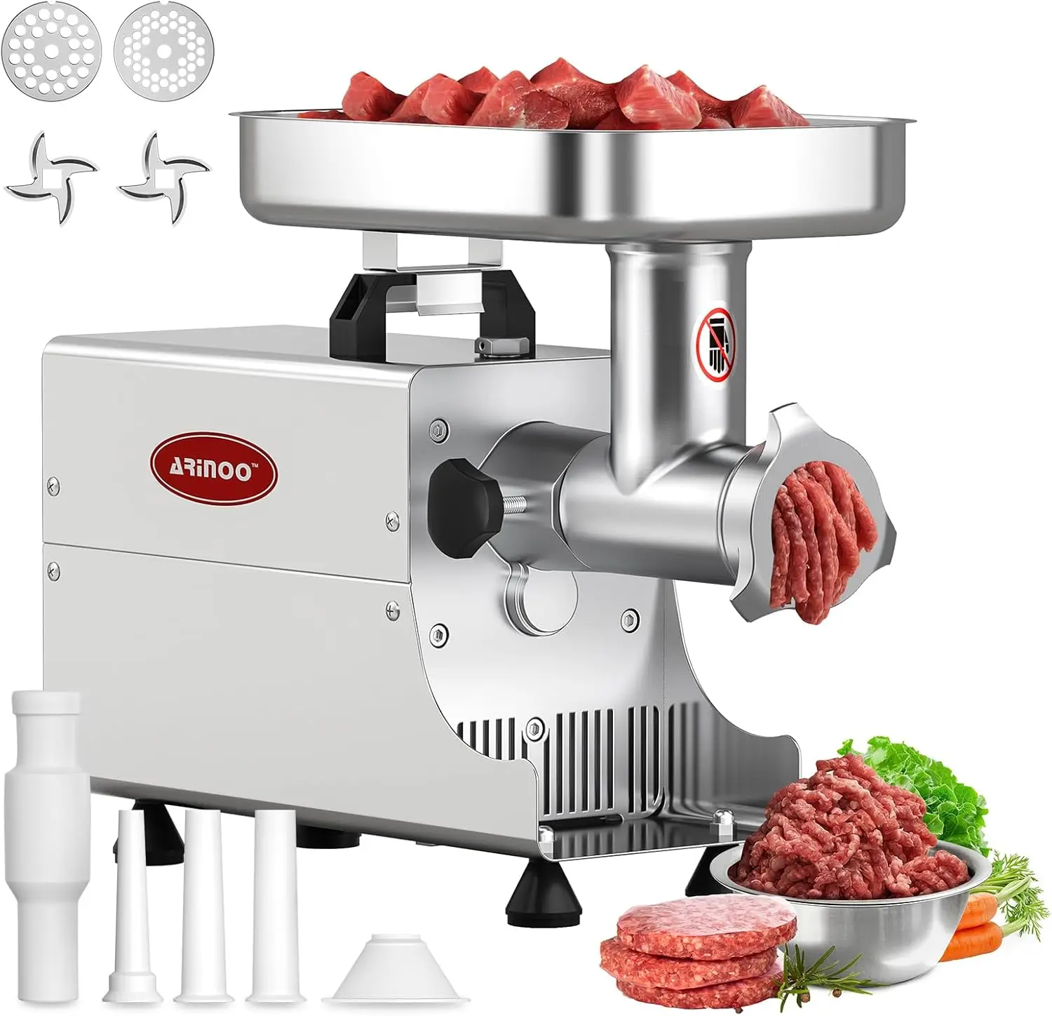 

Commercial Electric Meat Grinder #8, 0.6HP Heavy Duty Industrial Stainless Steel Meat Mincer with 2 Blades, 2 Plates & 3 Stuffin