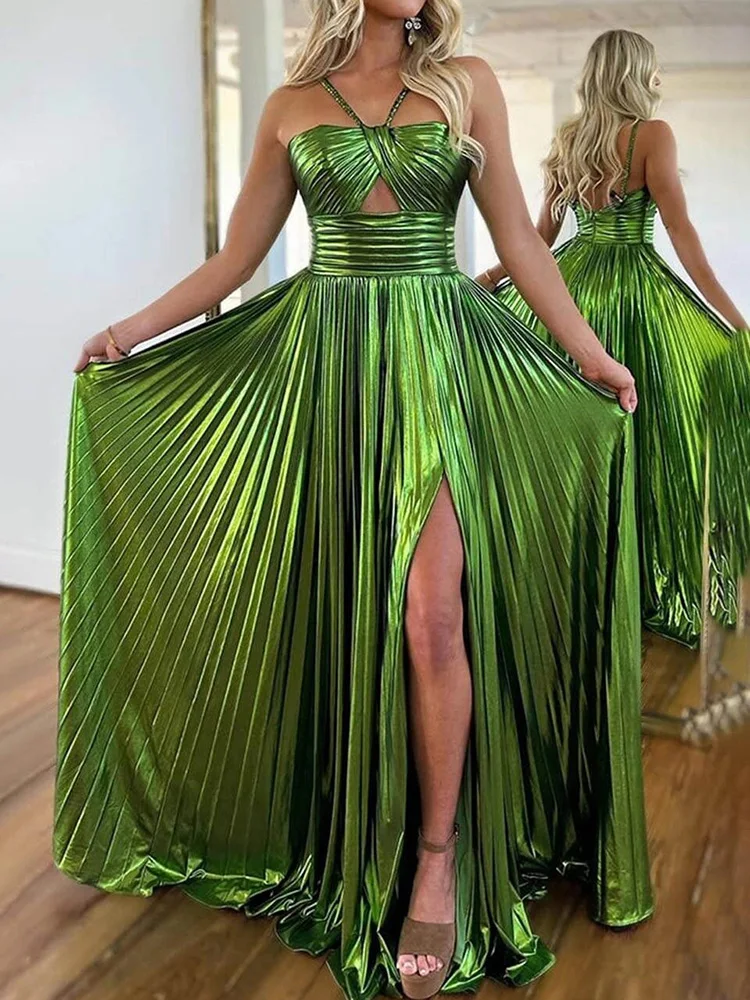 Women\'s Clothing Halter High Waist Long Dress Sexy Hollow Out Sleeveless Pleated Evening Dress Casual Backless Swing Robe Dress