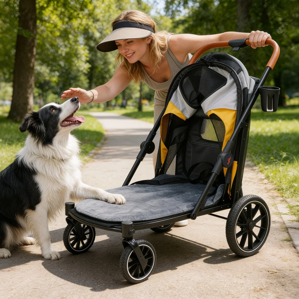 Foldable Pet Dog Stroller Rolling Dog Travel Carrier Pet Stroller Jogger Cart with Removable Cushion and Cup Holder Up to 42kg
