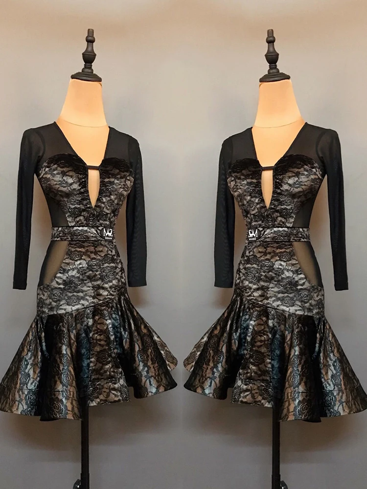 Vestito da ballo latino in velluto sexy Vestito da prestazione per donna Rumba Tango Costumi di scena Manica lunga Vestito latino Abbigliamento da pratica VBH2046