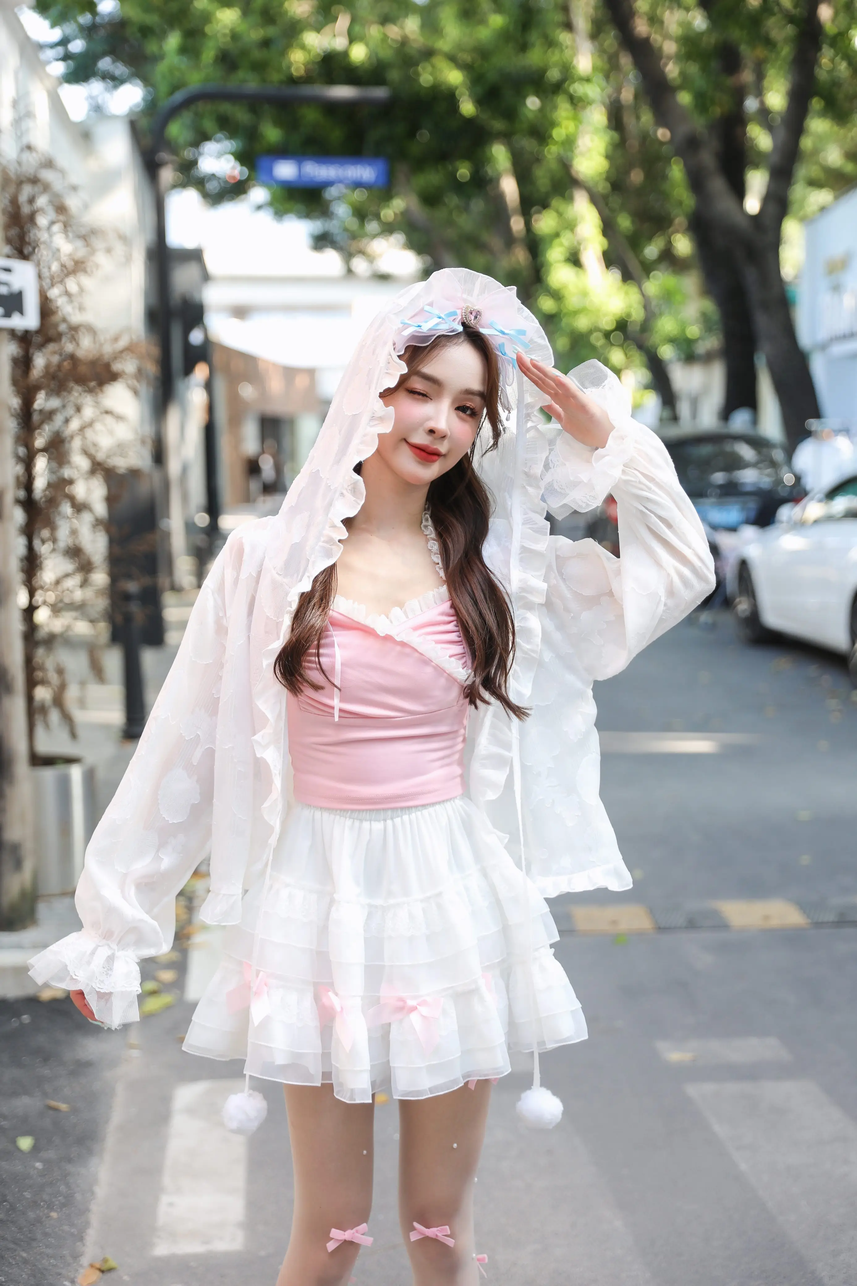 Sweet Princess Bowknot Lace-up Bell Long Sleeve Lace White Shirt Lacework Loose and Hooded Cardigan Sun Protection Coat