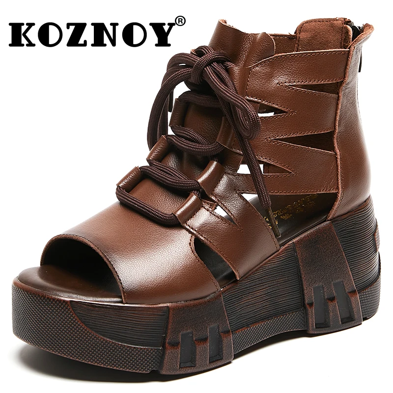 Koznoy 7cm Cow Genuine Leather Boots Hollow Ankle Booties Women Summer Sandals Motorcycle Moccasins Chimney Zip Fashion Shoes