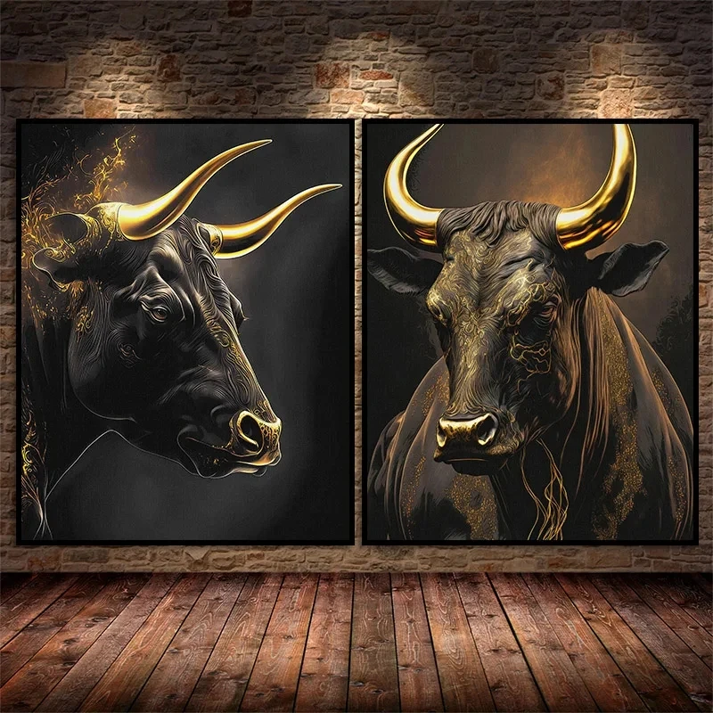 Retro Schwarz-Goldener Stil Stier Kunstposter Leinwandgemälde Modernes Tier-Wandbild für Wohnzimmer Büro Heimdekoration