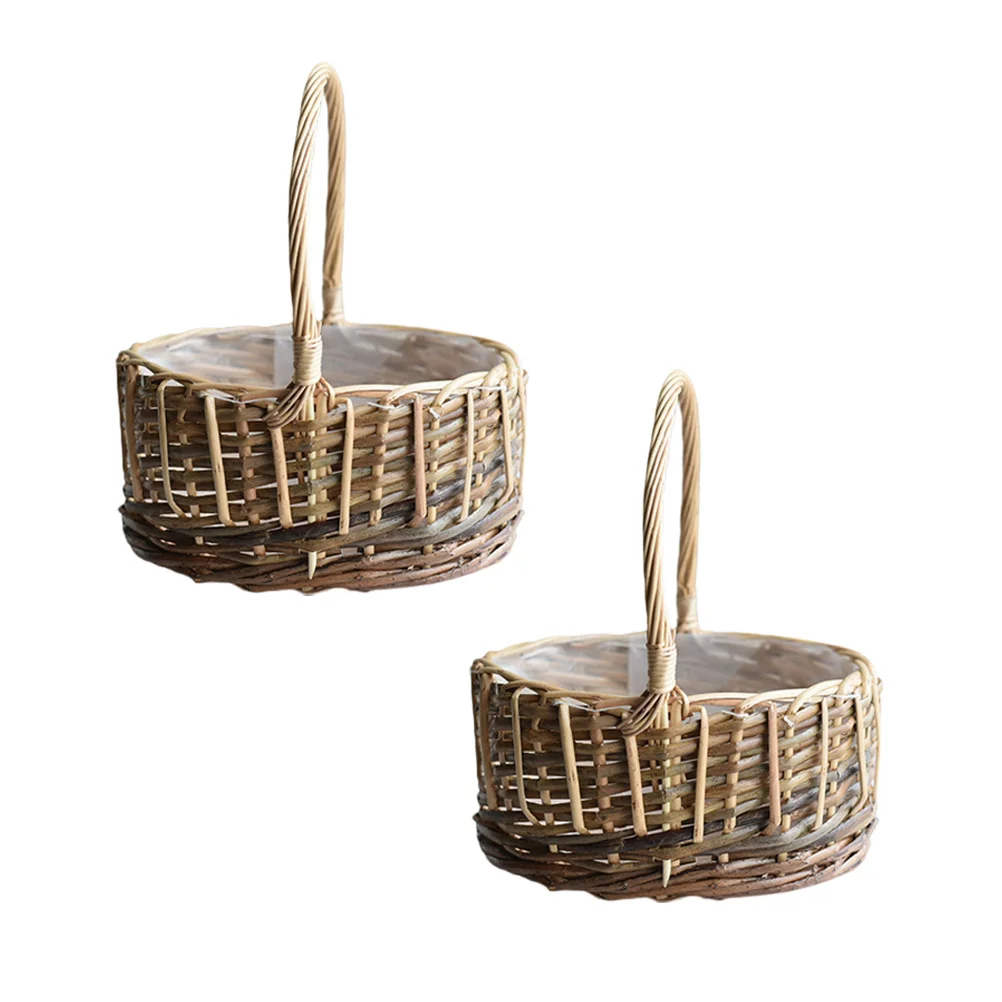 

2 Pcs Plants Rattan Basket Wicker Weaving Rustic Outdoor Woven Picnic Hand Flower Floral