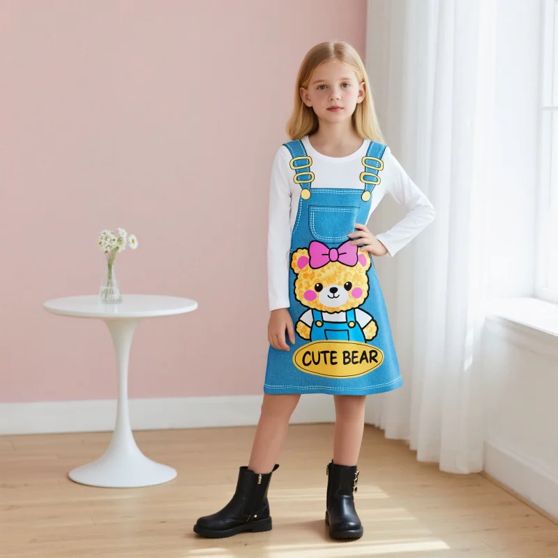 

Hot Selling Girls' Dresses Cute Bear Print Fake Two-Piece Denim Suspender Dress