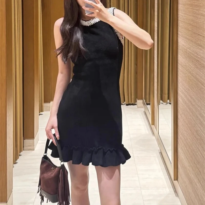 

【Gift Free】2026 Early Spring Women Beaded Knit Dress O-Neck Sleeveless Slim Fit Ruffled Edge Short Fashion Robe