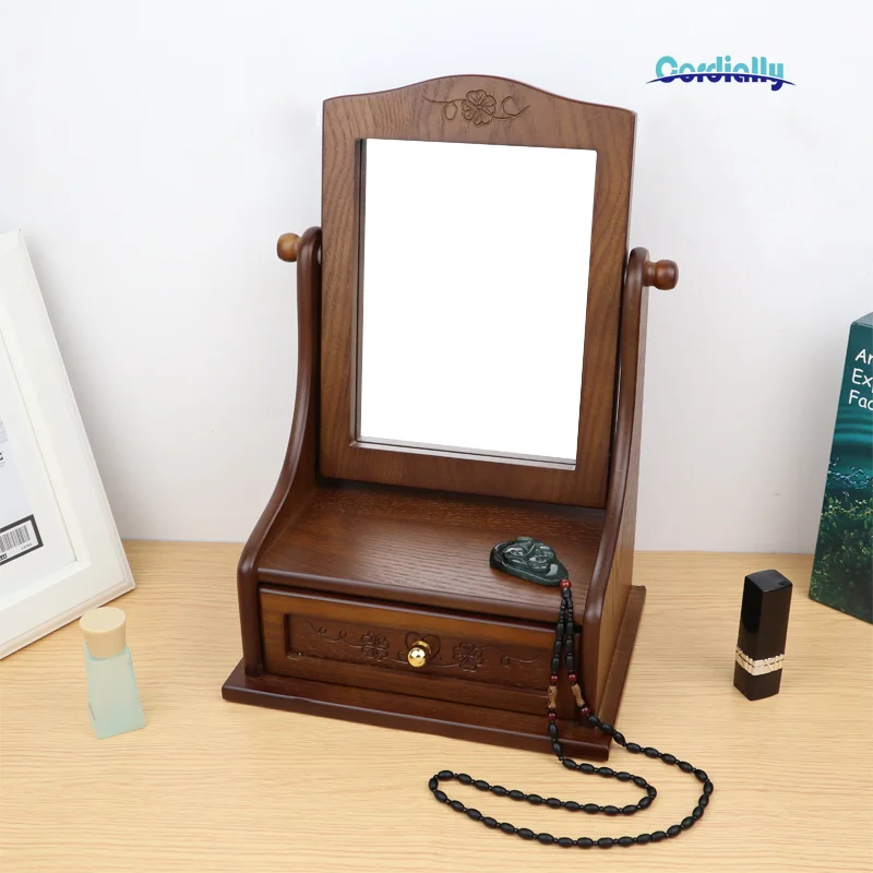 Wooden Desktop Makeup Mirror Storage Organizer Vintage Vanity Dressing Table 360° Rotatable Girls Home Decor