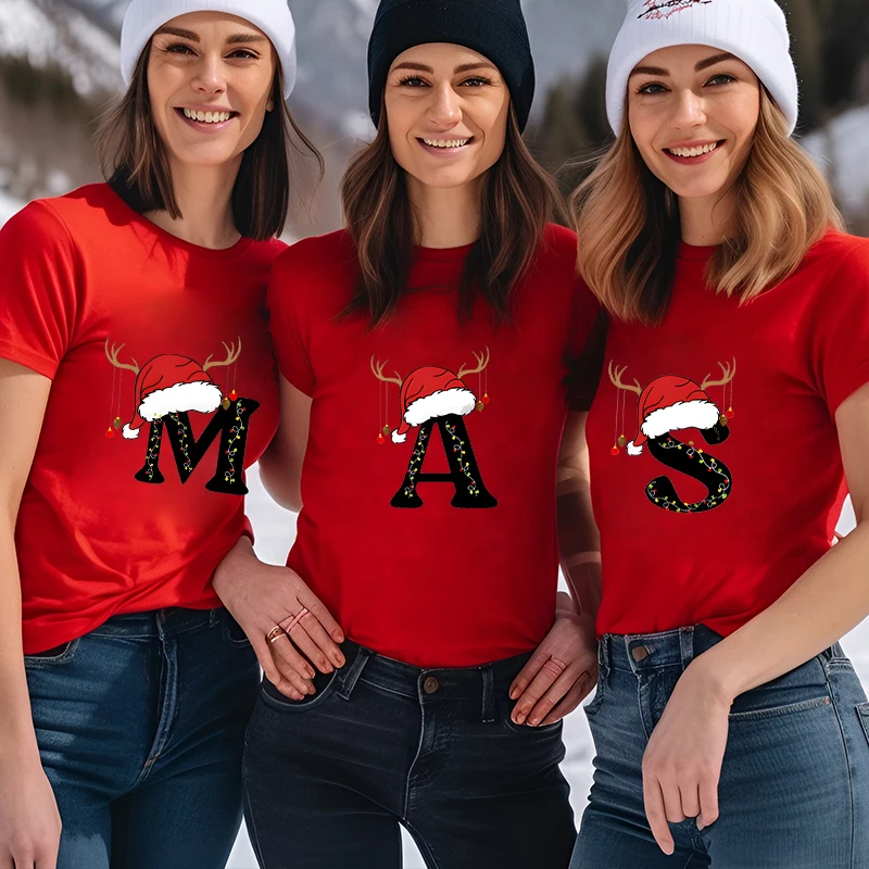 26 A~Z Christmas Alphabet T-shirts for Women Funny Xmas Party T Shirt Red New Fashion T-shirt Casual Tees with Santa Hat Gift