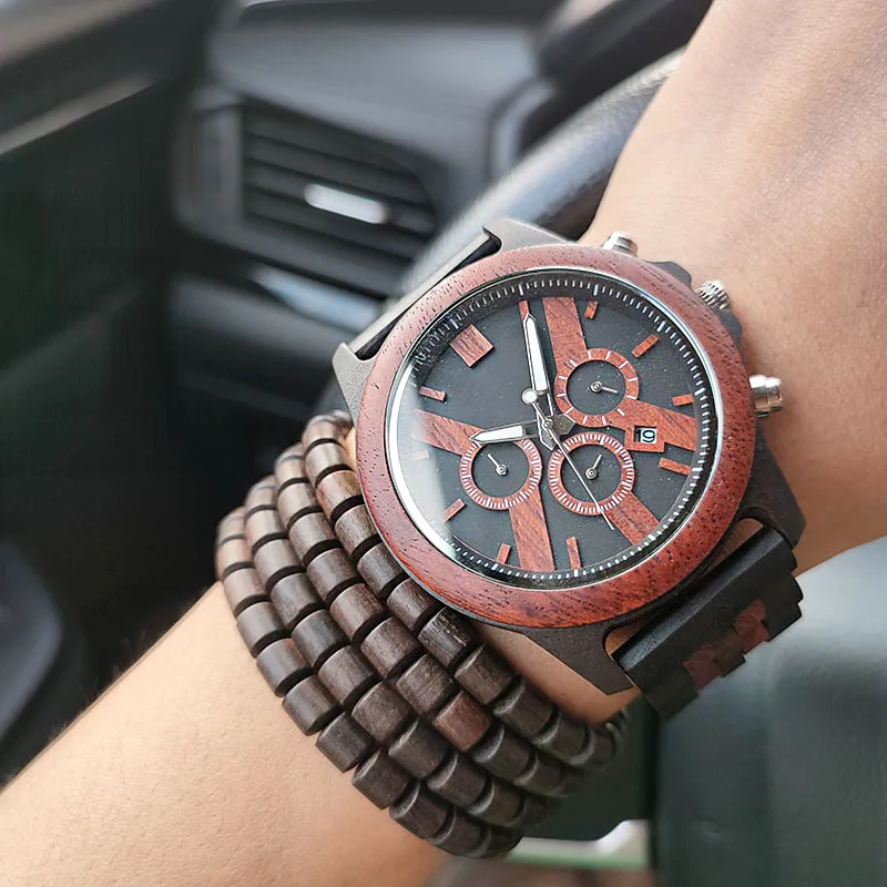 Men Watches Wooden Personalized Custom Military Sports Chronograph Date Stylish Casual Quartz Watch Wood Wristwatches Relogio