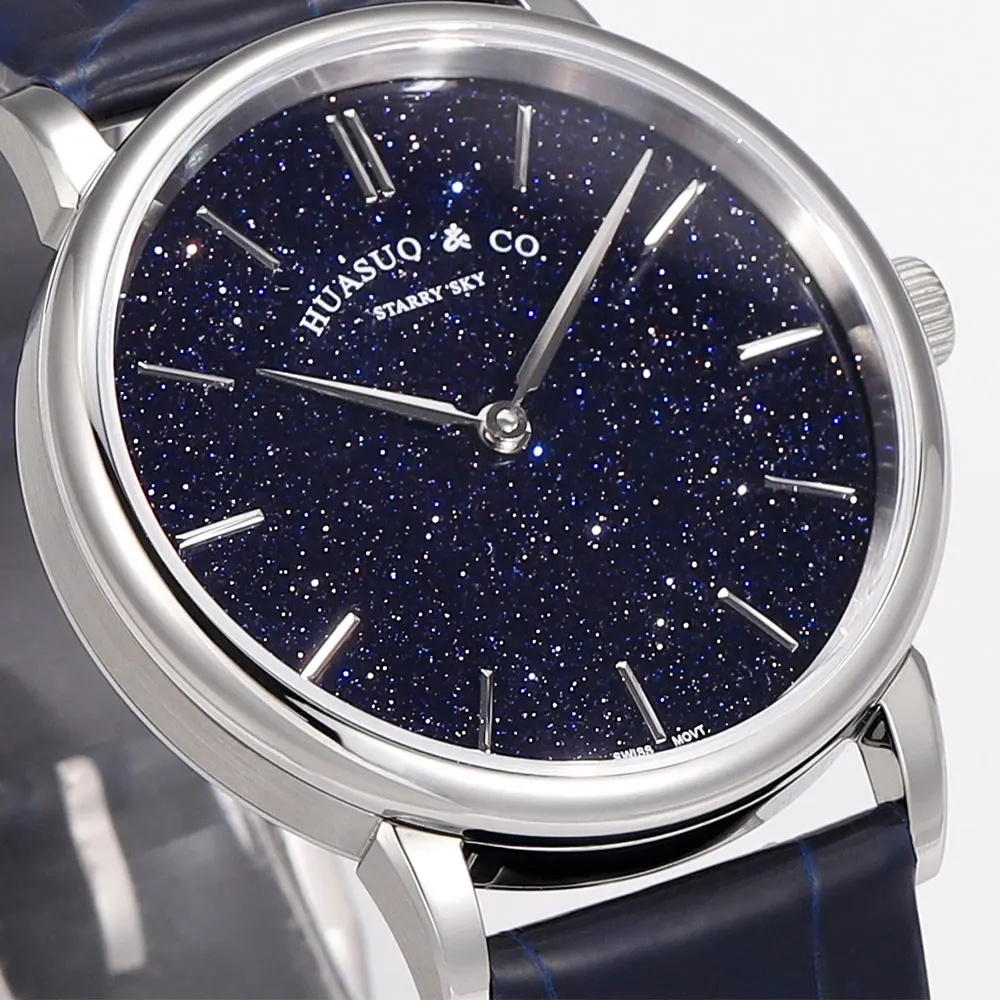 HUASUO Luxury 39mm Ultrathin Watches For Men Blue Aventurin Starry Sky Automatic Movement SW300 Sapphire Crystal 50m Waterproof