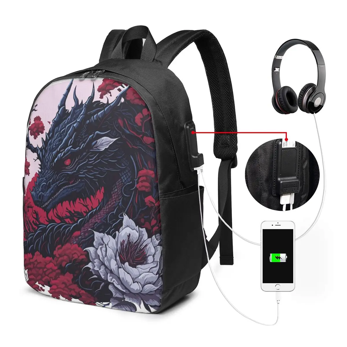 Majestic Black Fierce Dragon Among Roses Backpack Travel Notebook Bag Computer College Student School Bag Laptop Shoulder Bags