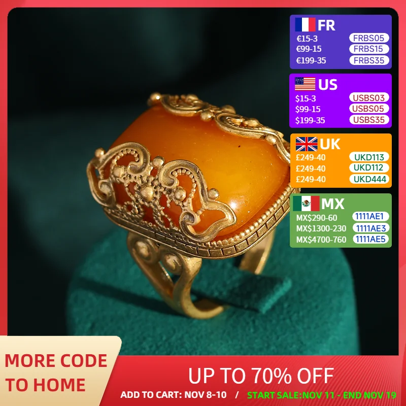 

Vintage Gold Color Antique Hollowed Out Square Beeswax Yellow Stone Rings for Woman Luxury Copper Jewelry Girls Fashion Items