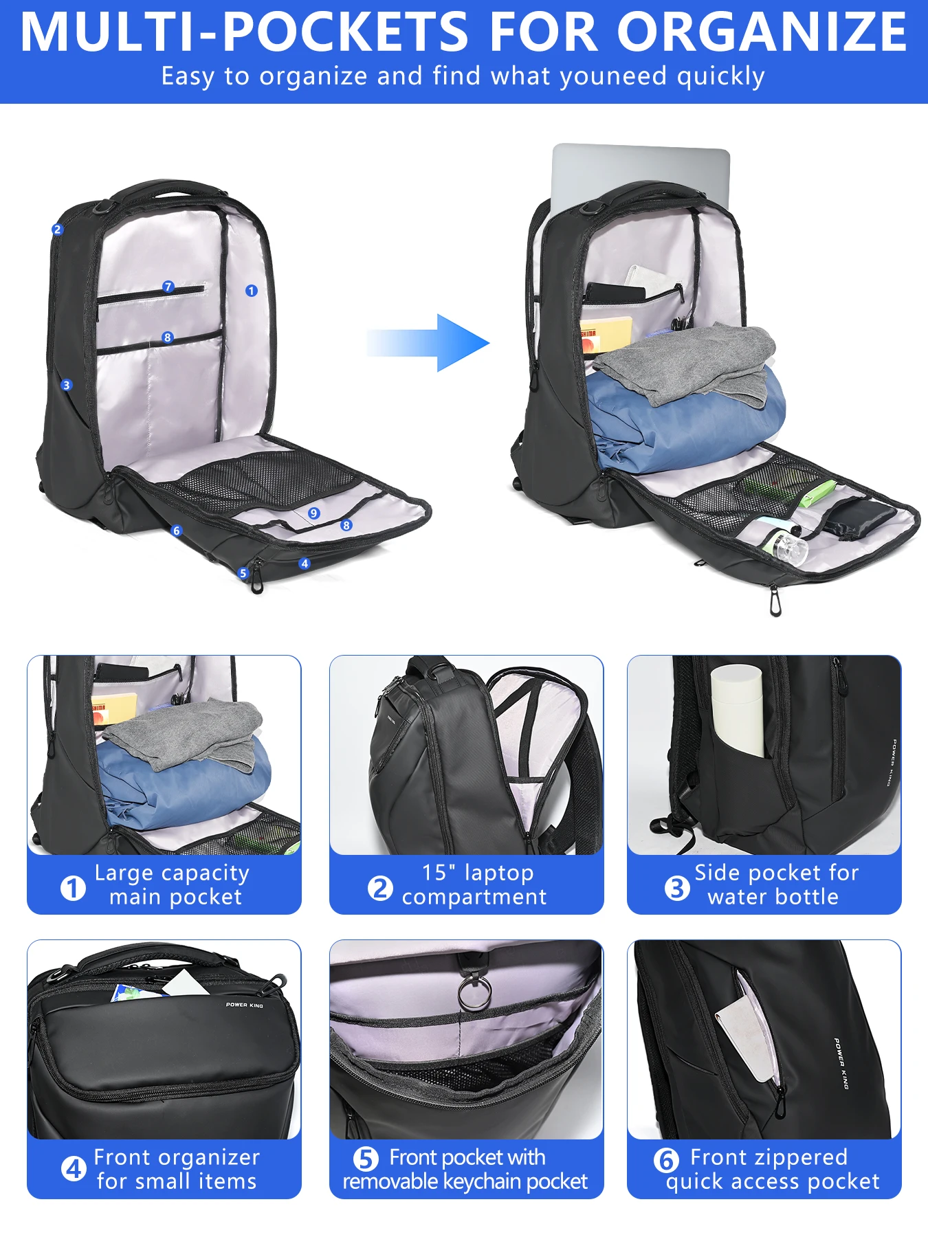 Klassischer Freizeitrucksack 18 Zoll Rucksack 15 Zoll Laptop-Tasche Verfügbar Individuelles Laptop-Fach Glattes Gewebe Pendeln Reisen – Detail 2