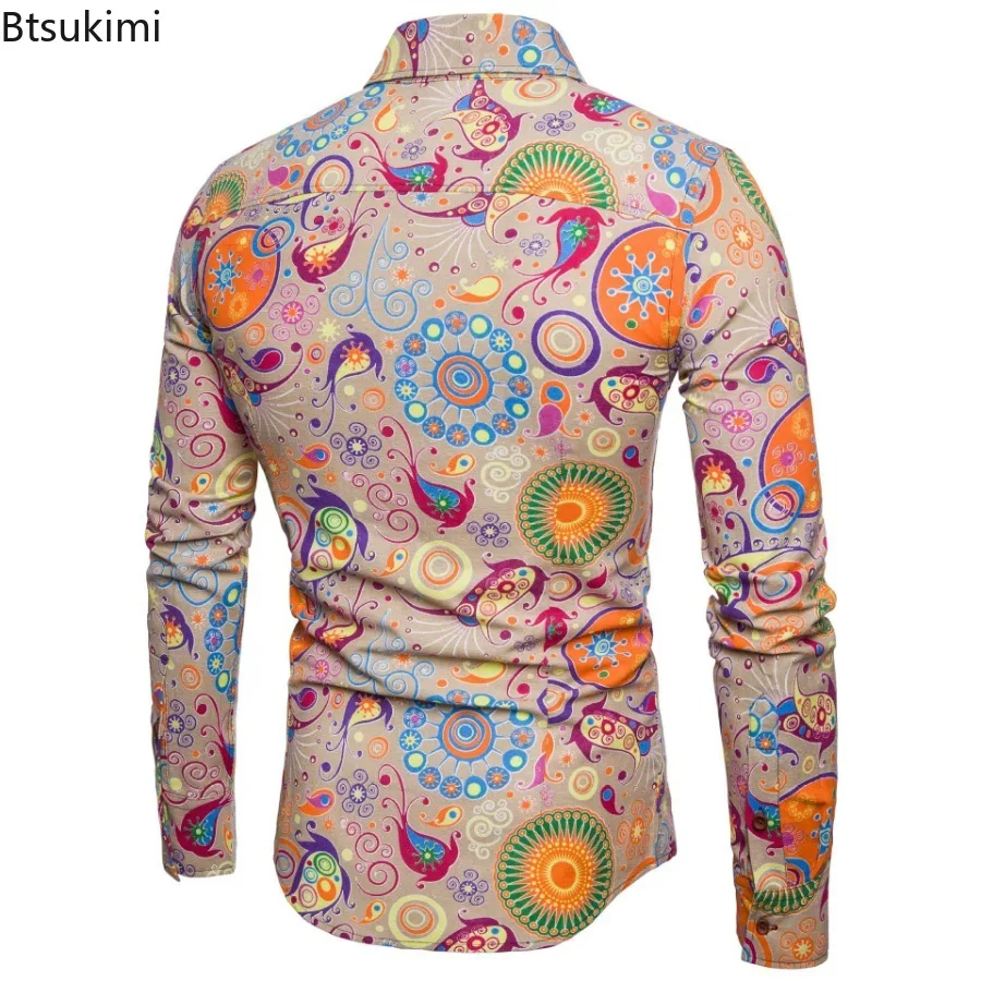 Fashionable Men's 70s Disco Shirts Flax Casual Tops Floral Long Sleeve Shirts Button Lapel Cardigan Mens Oversized Clothing New
