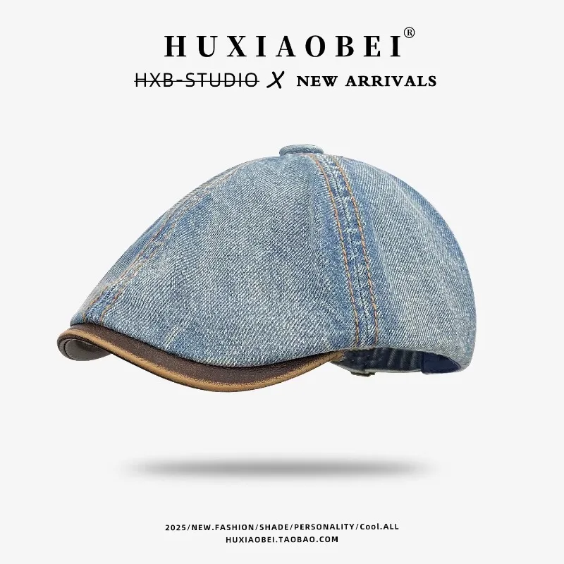 

Ретро британский стиль, джинсовые передние шляпы для мужчин, весенне-летние путешествия, солнцезащитный крем, модные кожаные береты с полями